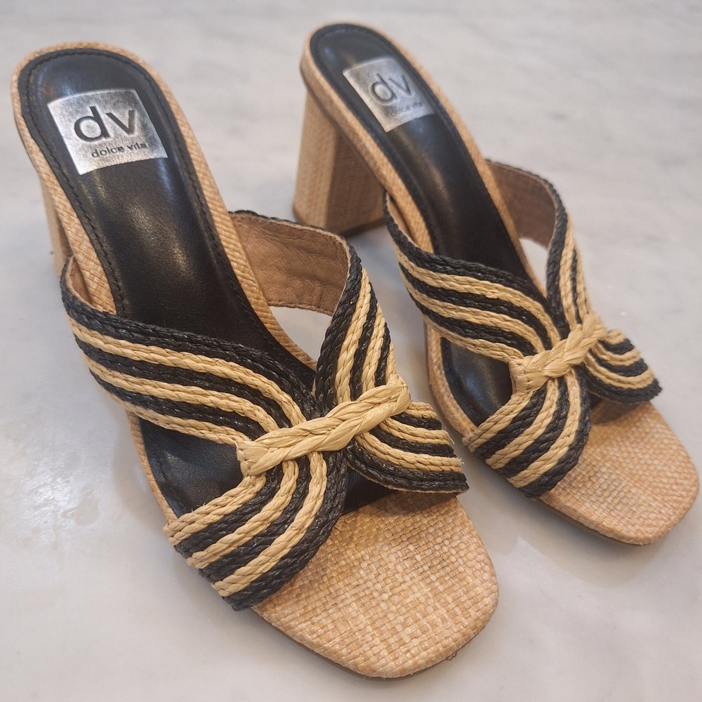 DV Dolce Vita Haady Raffia Mules Sandals Sz 8 Tan Black Woven Block Heel Luxury
